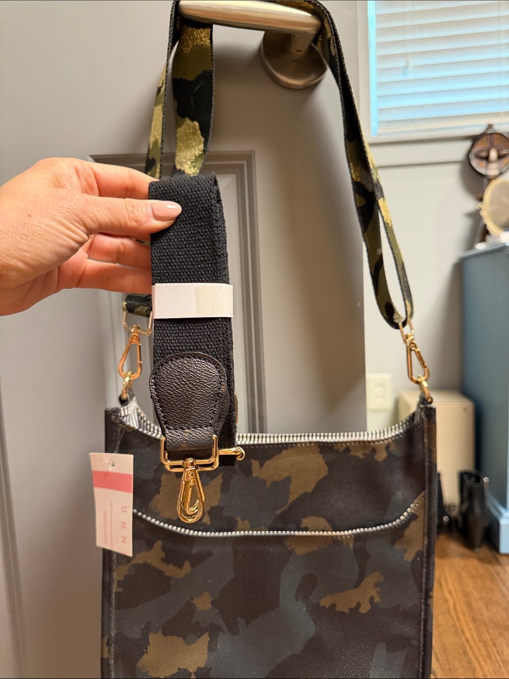 Camouflage Crossbody Bag with Wide Adjustable Strap - Olive/Brown - Picture 5 of 7